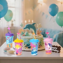 Lidmada Shark Birthday Party Decorations Cups with Silly Straws Bulk, 16 OZ Pool Reusable Plastic Cups with Lids, Shark Party Favors Supplies for Kids