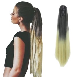 iLUU Extensions Hair Long Straight Ombre 24"/60cm 130g Clip On Hair Extensions Claw Pony Tail Synthetic Hairpiece #1B Natural Black to #613 Bleach Blonde Ombre Color Heat Resistant Ponytail