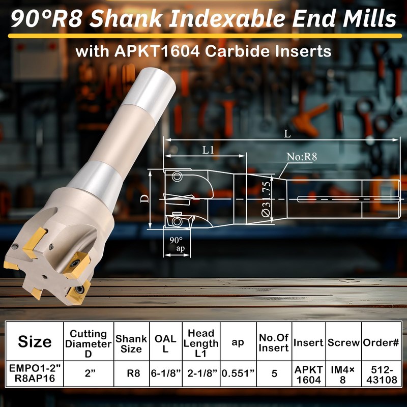 Duraaamo R8 Shank Indexable End Mill 2'' Diameter by 6-1/8''