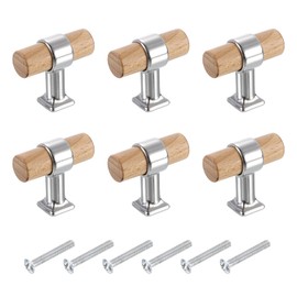 sourcing map 6 Pcs T Bar Wooden Drawer Pulls Wood Single Hole Dresser Drawer Knobs Furniture Dresser Pull Handles with Screws for Home Kitchen Room Closet Cupboard, Wood/Silver