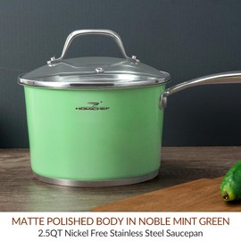 HOMICHEF 2.5 QT Mint Green Nickel Free Stainless Steel Saucepan with Glass Lid - Non Toxic Induction Saucepan Coating Free - Mint Green Pan Shine Bright in Modern Kitchens