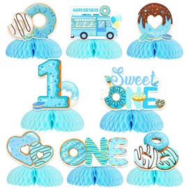 Donut 1st Birthday Party Decorations - 8PCS Donut Honeycomb Centerpieces, Blue Donut First Birthday Party Decorations for Boy, Sweet One Donut Table Toppers for Doughnut Grow up Party Supplies