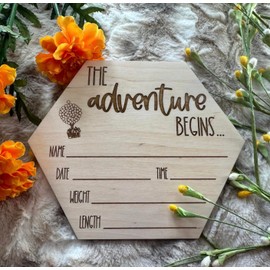 Wooden Baby Birth Announcement Sign – “The Adventure Begins” Inspired by Up – Handmade 6"x7" Baltic Birch Plaque with House & Balloons – Gender Neutral Nursery Decor - Hello World Hospital Plaque, Non-Cursive