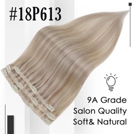 Full Shine Blonde Clip in Hair Extensions Real Human Hair Ash Blonde Highlight Platinum Blonde Natural Hair Extensions Invisible Clip ins for Women Hairpiece 3Pcs 12 Inch