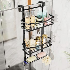 SWTYMIKI Over the Door Shower Caddy - 3 Tier Adjustable Shower Organizer Hanging with Soap Holder, No Drilling Stainless Steel Bathroom Rack Hanging for Body Wash, Shampoo, Soap, Razor, Black