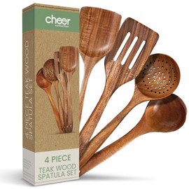 Cheer CollectionTeak Wooden Utensil Set – 4-Piece Wood Spatula for Cooking, Wooden Kitchen Utensils Set, Handmade Teak Cooking Utensils, Strainer Spoon & Mixing Spoon – Durable Kitchen Tools