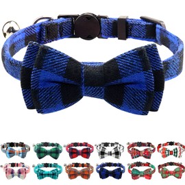 Joytale Upgraded Cat Collar with Bells, Breakaway Cat Collars with Bow Tie, 1 Pack Girl Boy Safety Plaid Kitten Collars, Blue