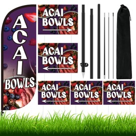 HunnmingRe 6 Set Acai Bowls Feather Flag 7ft Acai Bowls Signs with Pole and 5 Double Sided Yard Signs 15.8" x 11.8" with Stake Advertising Banner Sign for Outside Garden Business Store Party