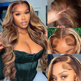 Body Wave Lace Front Wig Human Hair 24 Inch Wear and Go Glueless Wigs Human Hair 4x4 Lace Wigs Human Hair for Women 180% Density Brazilian Curly Human Hair Wig Blonde Ombre 4/27 Highlight Colour