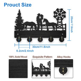 MAYJOYDIY Wood Cowboy Horse Farm Coat Hooks Farmhouse Cowgirl Windmill Key Holder for Wall 30×20cm Wall Art Decor Gift Black Wall Key Rack Organizer 5 Alloy Hooks for Bedroom Kitchen Entryway