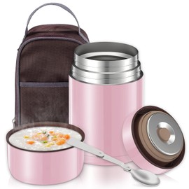 Poligono Thermal Food Container 800 ml, Stainless Steel Thermal Container with Spoon and Carry Bag, Thermal Lunch Box for Soup, Baby Porridge Warming Box, Pink