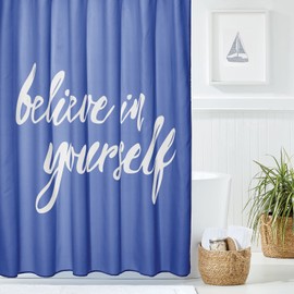 mDesign Decorative Believe in Yourself Print - Easy Care Fabric Shower Curtain with Reinforced Buttonholes, for Bathroom Showers, Stalls and Bathtubs, Machine Washable - 72" x 72" - Navy Blue/White