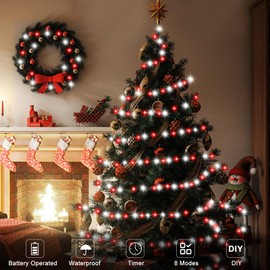 Paquete de 4 luces de Navidad rojas y blancas que funcionan con pilas, 16.4 pies, 50 luces LED de guirnalda de Navidad, temporizador automático, bastón de caramelo, cadena de luces de batería, 8