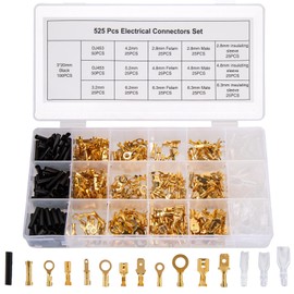 KOXXIAMOQ 525 Pcs Copper O Ring Terminals Connectors with Male Female Spade Connectors, Cable Ring Terminal, Auto Electrical Cable Lugs, Electrical Wire Connectors Terminals