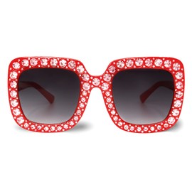Xpectrum Extra Large Square Elton Crystal Sunglasses Bling Rhinestone Concert Glasses (Red)