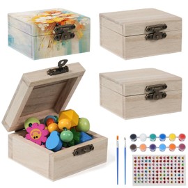 Prebarfun Pack of 4 Mini Treasure Chest, DIY Small Wooden Box with Lid, Treasure Chest Children's Birthday with Diamond Stickers & 12 Pigments & Brush for Crafts, Birthday, Ocean Pirate Party, DIY