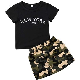 Toddler Baby Girls Camouflage Outfit Black Letter Tops Shirt + Denim Skirt Dress Shorts Summer Two Piece Clothes Set (Camouflage Denim, 2-3 Years)