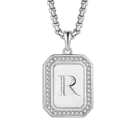 Raymard Initial Necklace for Women Men, Solid 925 Sterling Silver, Cubic Zirconia Dog Tag Pendant Necklace for Men, 24" Rolo Chain Initial Jewelry-Letter R