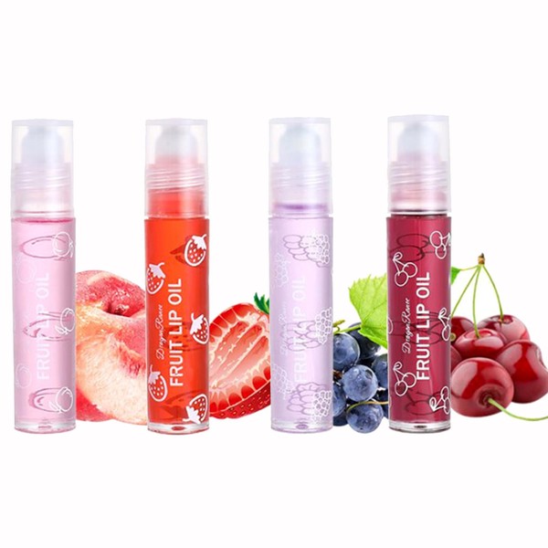 Joyeee Glitter Lip Gloss Set, 4 Pieces Roll On Lip Glow Oil, Fruity Moisturising Lip Oil, Long-Lasting Glossy Nourishing Lips for Women Girls