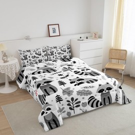 jejeloiu Cute Raccoon Bedding Set, for Kids Boys Girls Adults,Queen Size, Raccoon Gift Bedding Set, Ultra Soft Boho Leaves Comforter Woodland Animals,Duvet Set Room Decor Animals Quilt Set