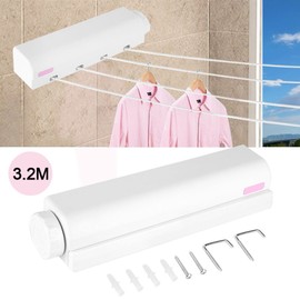 Nikou Retractable Washing Line, 3.2 m 4-Wire Clothes Airer, Wall Clothesline, Wire, Space-Saving Dryer for Bathroom, Balcony, Clothes Dryer for Wall