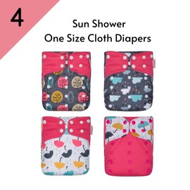 KaWaii Baby Reusable Cloth Diaper Bundle- 4 Printed Snap + 8 Premium Diaper Inserts One Size Adjustable Newborn to Potty Trained Toddler - Sun Shower