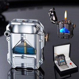 Trench Lighter Cool Steampunk Kerosene Lighter with Blue LED Light, Novelty Transparent Mechanical Lighter Unique Gifts for Men (Sliver)