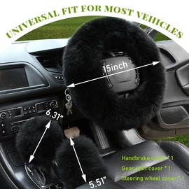 Ohleats 3PCS Pure Wool Steering Wheel Cover, 15 Inches Furry Steering Wheel Protector with Handbrake & Gear Shift Cover, Universal Soft Fluffy Steering Wheel Car Accessories (Black)
