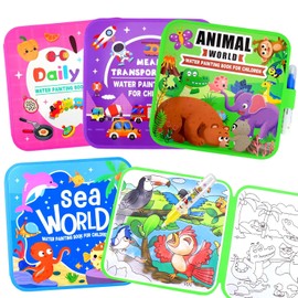 Vodolo Water Painting Book for Toddlers - 4 Pack Reusable Magic Water Coloring Book with 4 Water Pen, Mess Free Painting for Toddlers,No Mess Paint Coloring for Ages 3+ Travel Activity Toys