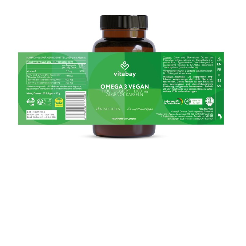 Vitabay Omega 3 Vegan 180 Capsules with 1100 mg Pure