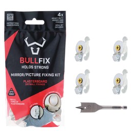 Bullfix Mirror/Picture Hanging Kit - Heavy Duty Drywall Anchors for Mirrors & Canvases, Picture Frame Fixing Kit - 4 Bullfix Universal Fixings with Collars, Hooks, Screws & Drill Bit - Patented Design