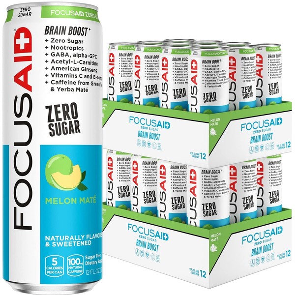 FOCUSAID Zero Sugar Energy Blend, Nootropics, Alpha-GPC, GABA, B-Complex, Yerba Mate, Green Tea, 100mg Natural Caffeine, Keto-Friendly, No Artificial Flavors or Sweeteners, 12 Fl Oz (Pack of 24)