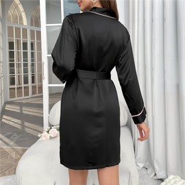 Hybursky Women's Satin Dressing Gown, Long Sleeve Kimono Wedding Robe V Neck Bathrobe for Loungewear Sleepwear Bride Bridesmaid Robes Nightwear(Black/M)