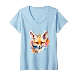 Womens Colorful Splash Art Fennec Fox V-Neck T-Shirt
