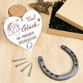 Horseshoe Lucky Charm Gift Set with Horseshoe 4 Nails Heart Sign with Motif Good Luck in the New Home Housewarming Gift