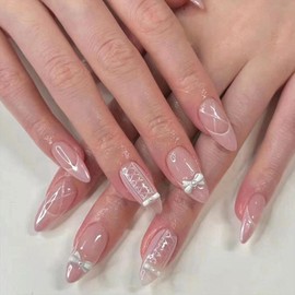 24pcs French Press on Nails Medium Acrylic Fake Nails Pink Almond False Nails Glossy Full Cover Stick on Nails with 3D White Bow Pearl Design Elegant Artificial Fingernails for Women Decoration