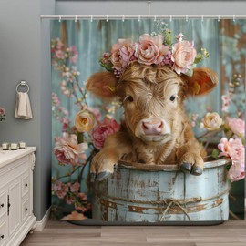 Farmhouse Highland Cow Shower Curtain Farm Animal Western Spring Rustic Funny Calf Country Bull Wood Floral Flower Plant Botanical Bathroom Accessories Decor Set with Hooks 70Wx70H Inch