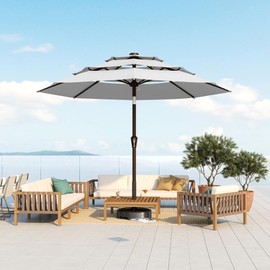 Patio Kingdom 10FT Patio Umbrella 3 Tiers Outdoor Market Umbrella w/Push Button Tilt, Crank, UV and Waterproof Table Umbrella for Garden, Pool, Backyard, Deck, Lawn, Light Gray