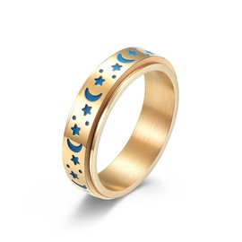 Stainless Steel Spinner Ring, Moon Star Rotatable Luminous Ring Fidget Rings for Anxiety Stress Relieving Engagement Wedding Promise Ring for Women Men (Gold, 6)