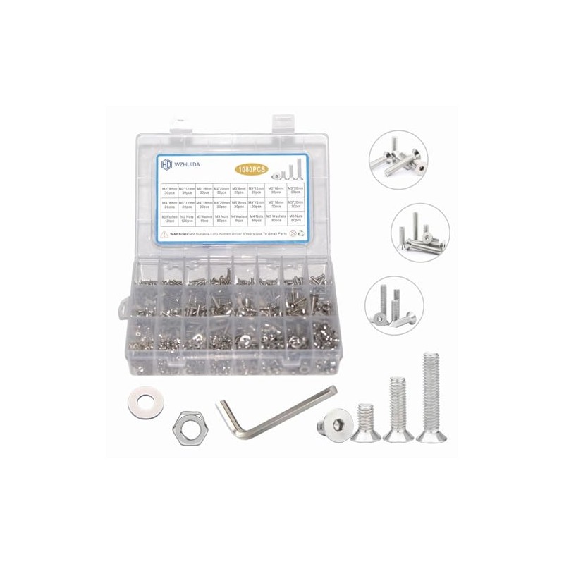 1080Pcs M2 M3 M4 M5 Screw Assortment, Metric Flat Countersunk
