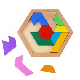 KINGOU Wooden Hexagon Tangram Puzzle Shape Pattern Blocks Brain Teaser Puzzles Challenging Geometry Logic Mind Games Educational Gift for Kids & Adults
