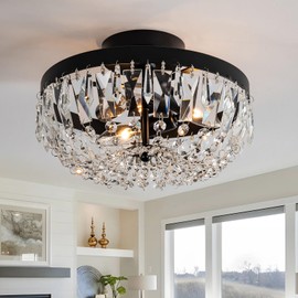 KSRYSZCQ Crystal Ceiling Light 3-Light semi Flush Mount Ceiling Light Fixture Black Hallway Kitchen Dining Room Ceiling Light