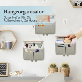 3 Stück Hängeorganizer Hängetasche, Aufbewahrungstasche Hängend, Wand Hängeaufbewahrung, Leinen Stoff Organizer Hängend, Wandorganizer mit Haken für Home, Office, Bad, Kinderzimmer (Grau)
