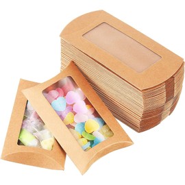 QYCX 100Pcs Kraft Pillow Boxes, Pillow Boxes with Window, Small Gift Boxes, Pillow Boxes with Clear Window, Brown Candy Favor Paper Boxes Christmas Gift Boxes 5*3 Inches Candy Boxes Brown Paper Pillow Candy Box Mini Party Favor Boxes Kraft Paper Gift Box