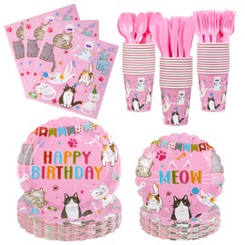 175pcs Cat Birthday Party Supplies Tableware Set Cat Plates and Napkins Set Disposable Cat Theme Dessert Plates Napkins Cups and Cutlery Kitten Party Decorations, Serves 25 Guests