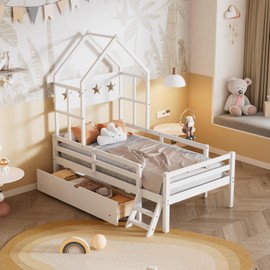 Linique Wood Twin Size House Platform Bed with Guardrail and One Storage Drawer,Twin House Bed Frame for Girls,White