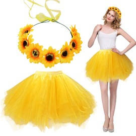 TUONYIS Sunflower Womenswear 2 Piece Set, Tutu Skirt for Girls Women Sunflower Headdress Layered Tulle Ballet Skirt Ballet Dance Tutu Skirts for Birthday Party Holiday Party Dress Up Costume (Yellow)