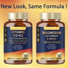 9-in-1 Magnesium Glycinate 500mg + Vitamin D3 5000 IU & K2 Complex - High Absorption - Healthy Stress, Sleep, Muscle Function, Bone Health & Energy Supports | Non-GMO, Gluten-Free 120 Softgels