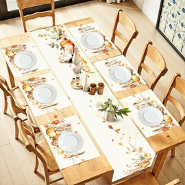 ANNA QUEEN Pumpkin Harvest Table Runner and Placemats Set of 6, 13"x72" Table Runner with 12"x18" Placemats, Rustic Fall Dining Set for Thanksgiving, Autumn Kitchen Decor
