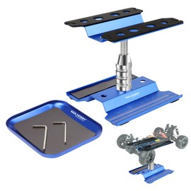 RC Car Stand Aluminum Repair Workstation with 360 Degree Rotation, Lift & Lower Function Screw Tray for 1/8 1/10 1/12 1/16 Scale RC Models Compatible with RC Crawler Monster Truck Buggy (Blue)